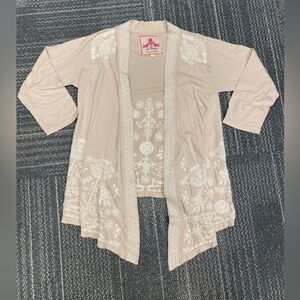 Johnny Was Tan Embroidered Draped Cardigan Kimono Size XS